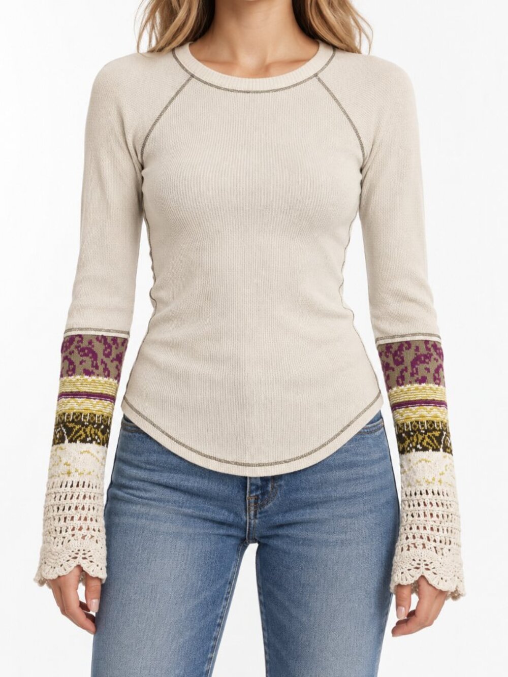 Free People Ivory Thermal Top with Crochet Leopard Cuffs Size S